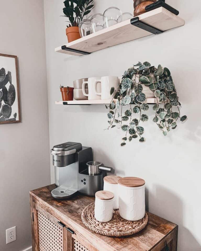 Calming Coffee Bar With Rustic Cabinet