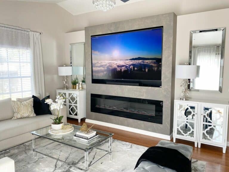 Cement Fireplace in Taupe Living Room
