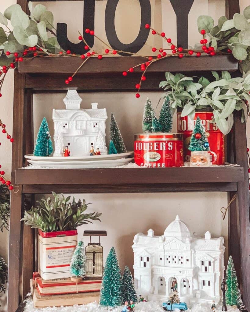 Christmas Décor on Dark Oak Shelf