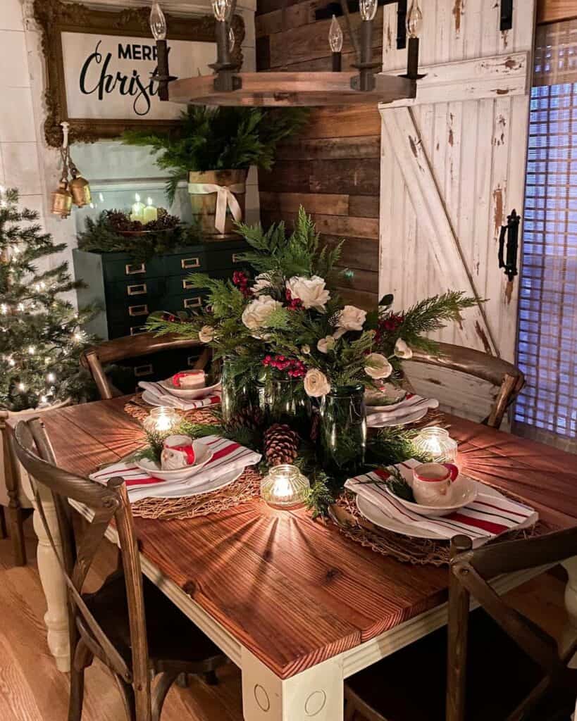 Christmas Tablescape With White Roses