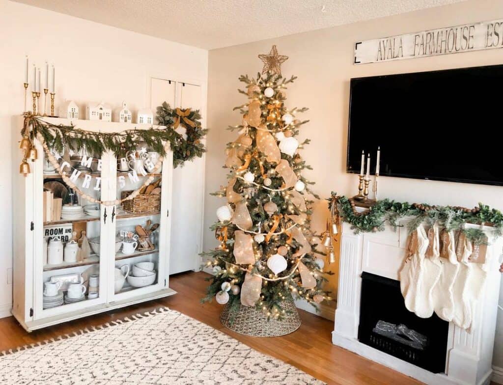 Christmas Tree With Garland and Rattan Stand