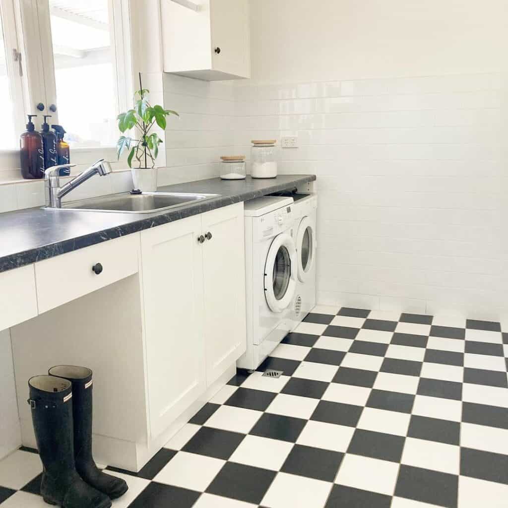 Classic Laundry Room With Checkered Floor Tiles