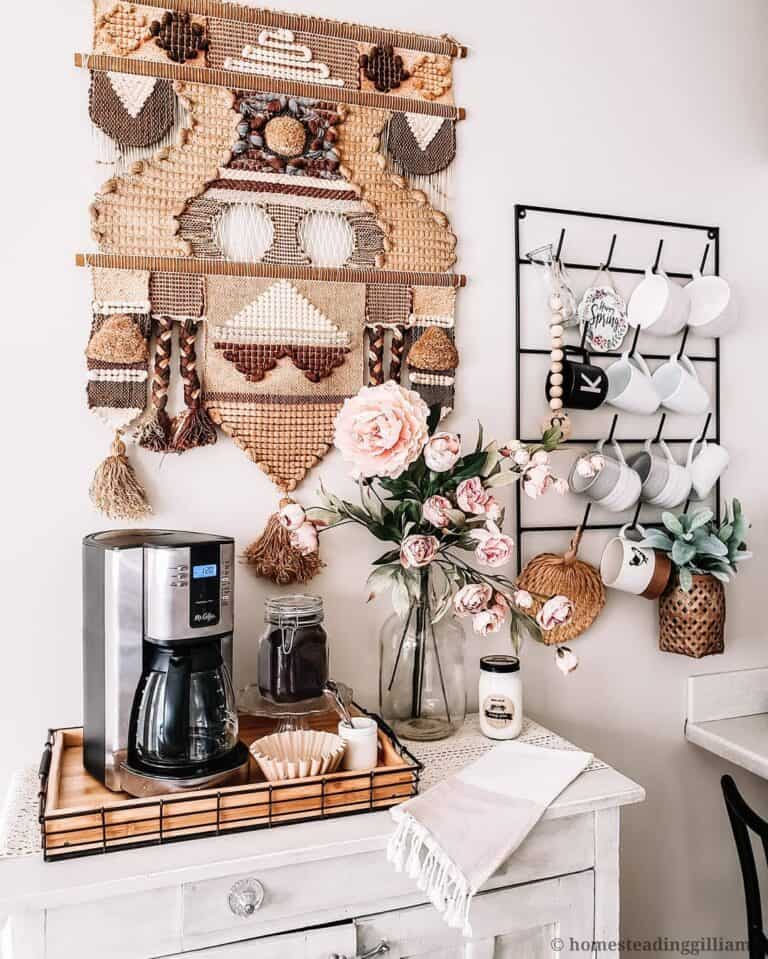 Coffee Bar With Wall Organizer and Floral Arrangment