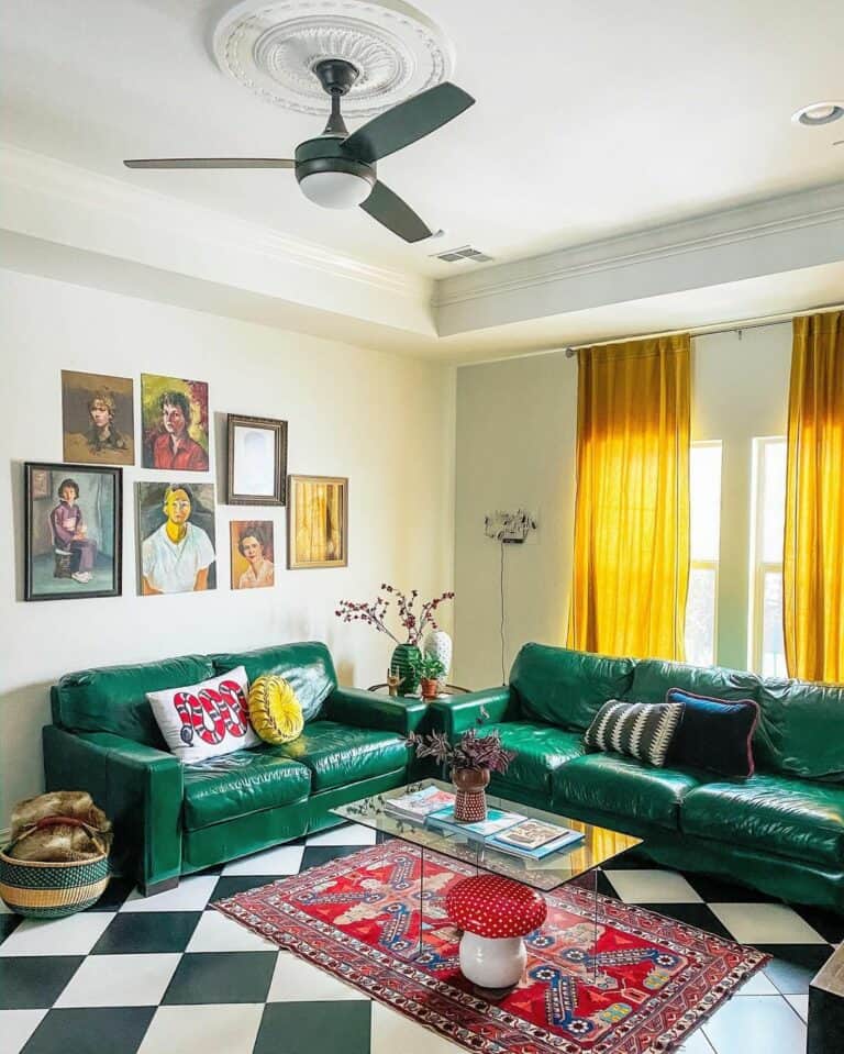Colorful Living Room With Green Leather Couch