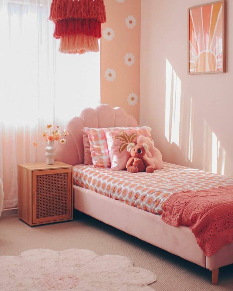 Contemporary Pink Bedroom With Tasseled Chandelier