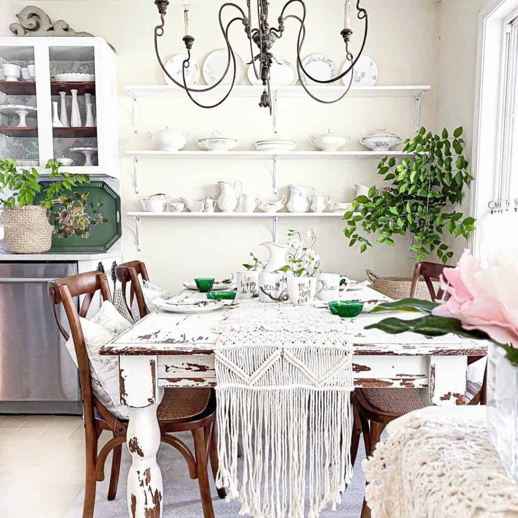 Cottage Dining Room With White Macramé Table Runner