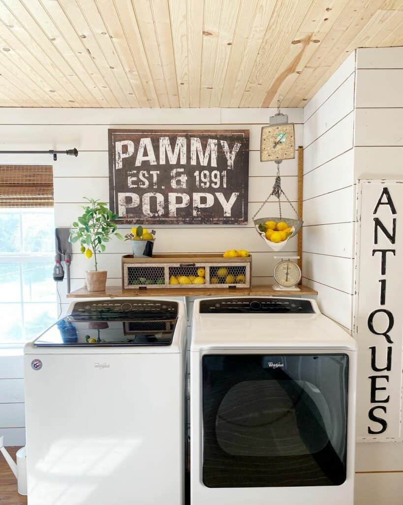 Country Laundry Room With Shiplap Ceiling