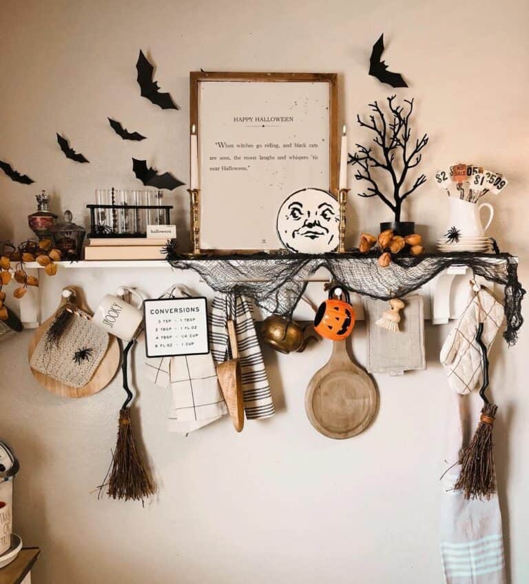 Cozy Farmhouse Halloween Décor on Mounted Shelf