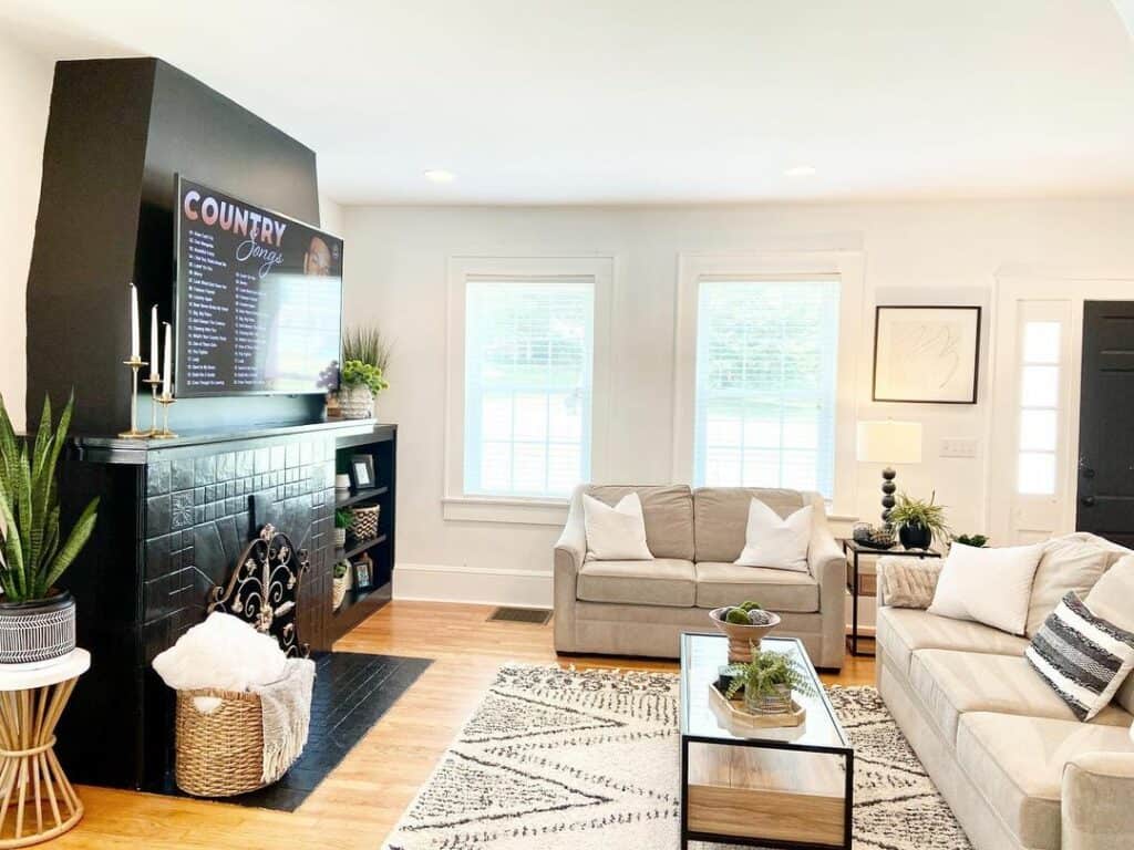 Cozy Living Room With Black Fireplace