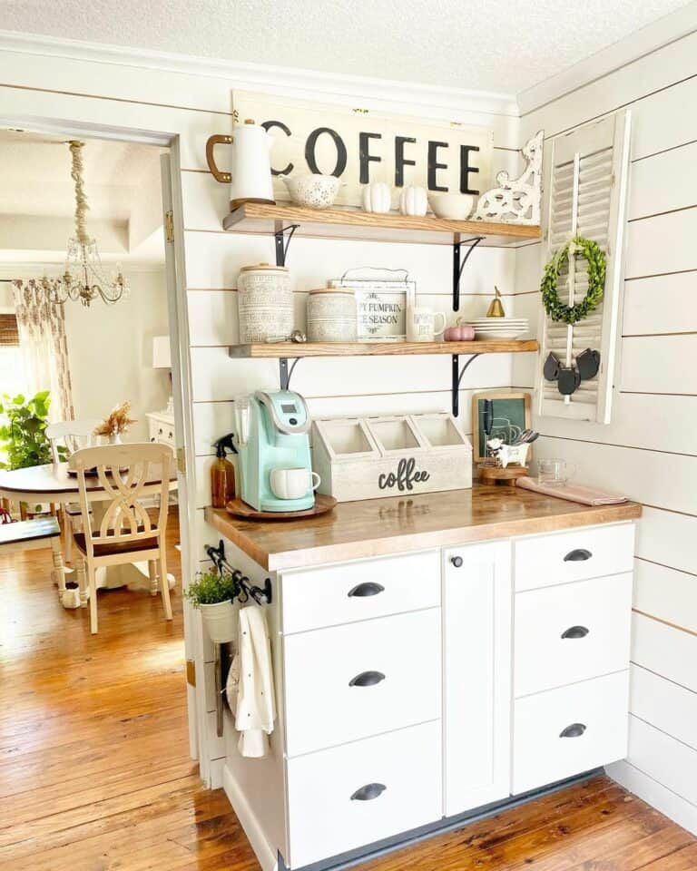 DIY Coffee Bar With White Shiplap Walls and Maple Shelves