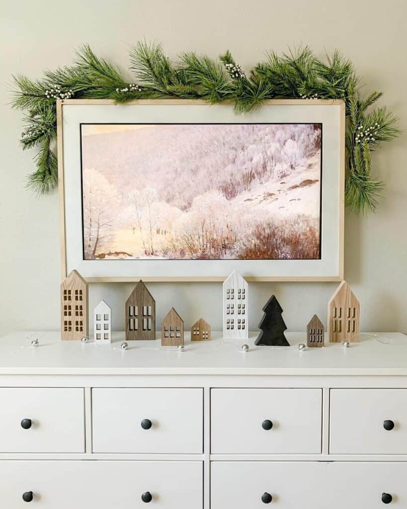 DIY Faux Frame TV and Wooden Houses in TV Console Area