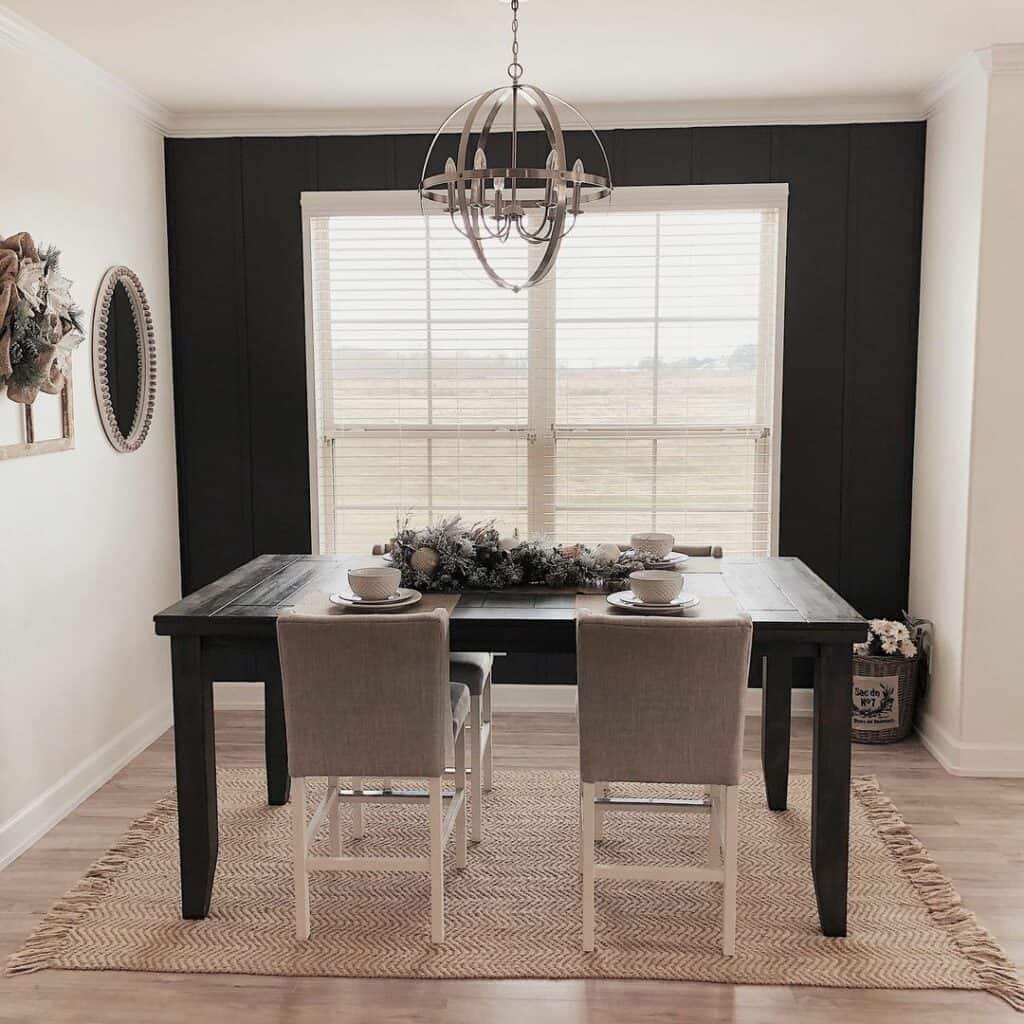 Dark Wood Table in Black and White Dining Room