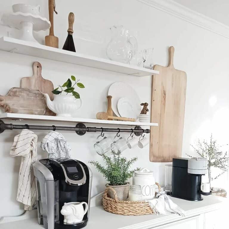 Decorated White Shelves With Black Metal Pipe