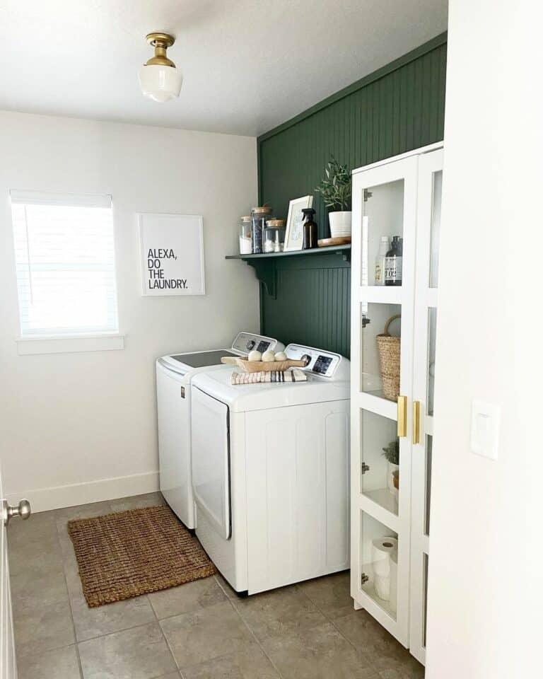 Earthy Laundry Room With Green Accent Wall