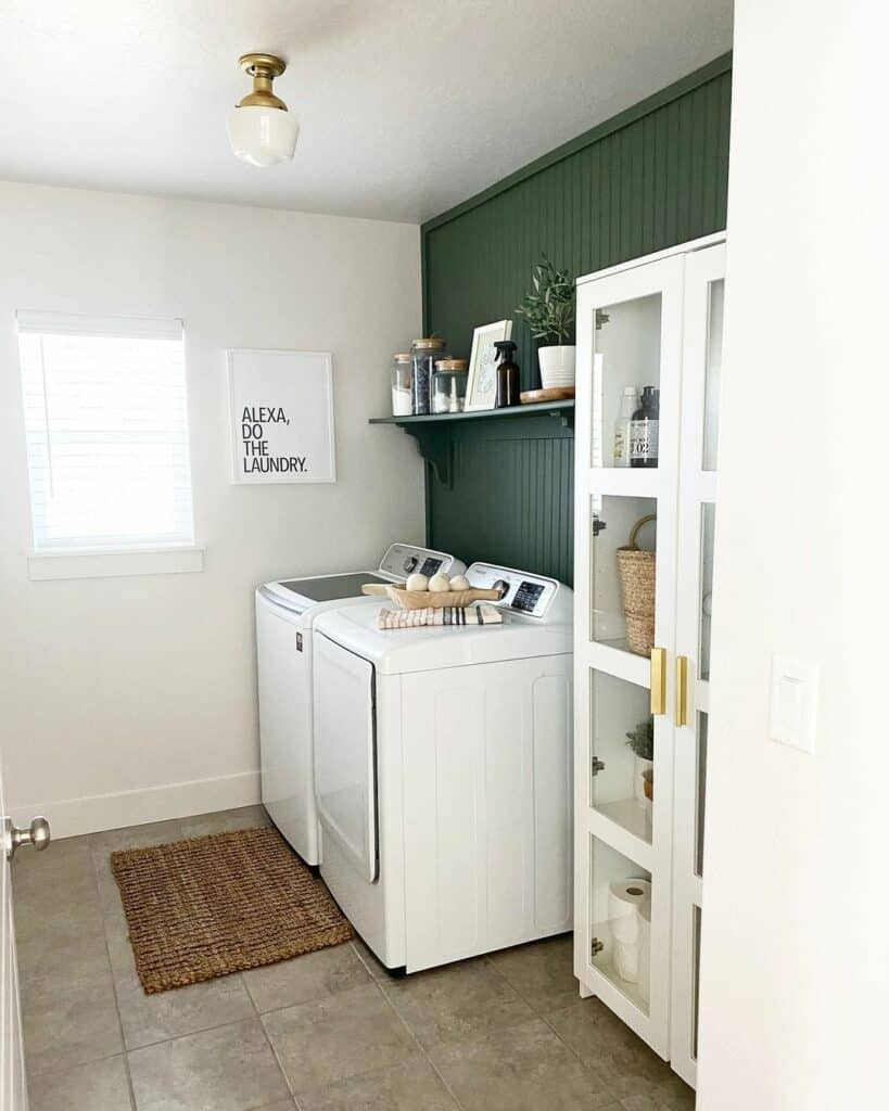 Earthy Laundry Room With Green Accent Wall - Soul & Lane