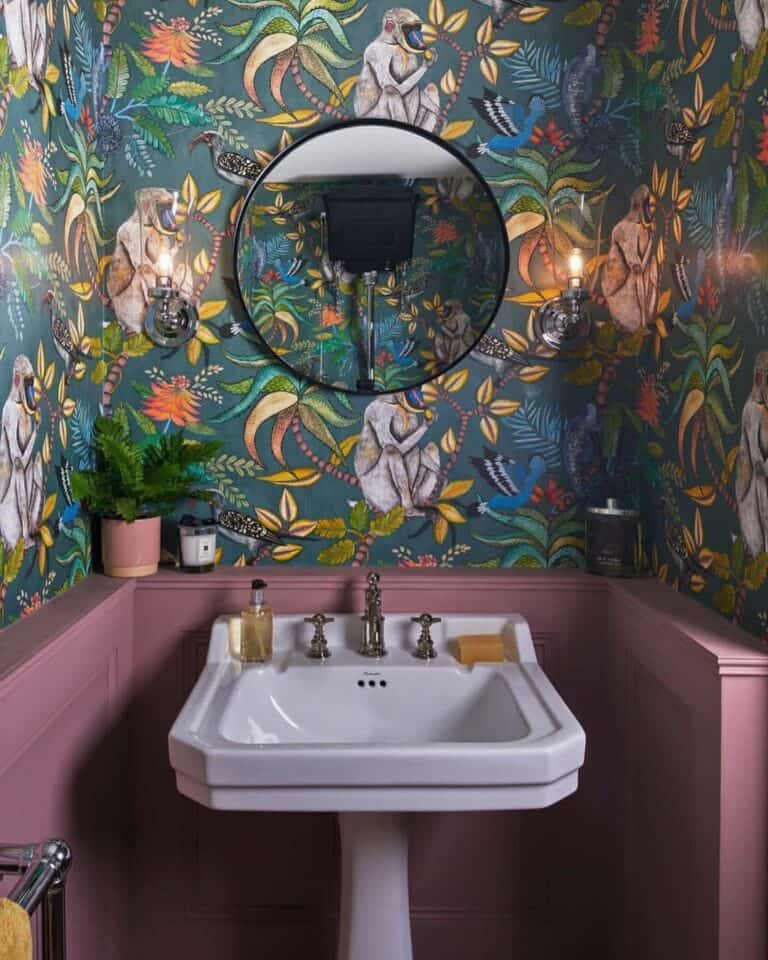 Eclectic Bathroom With Graphic Wallpaper