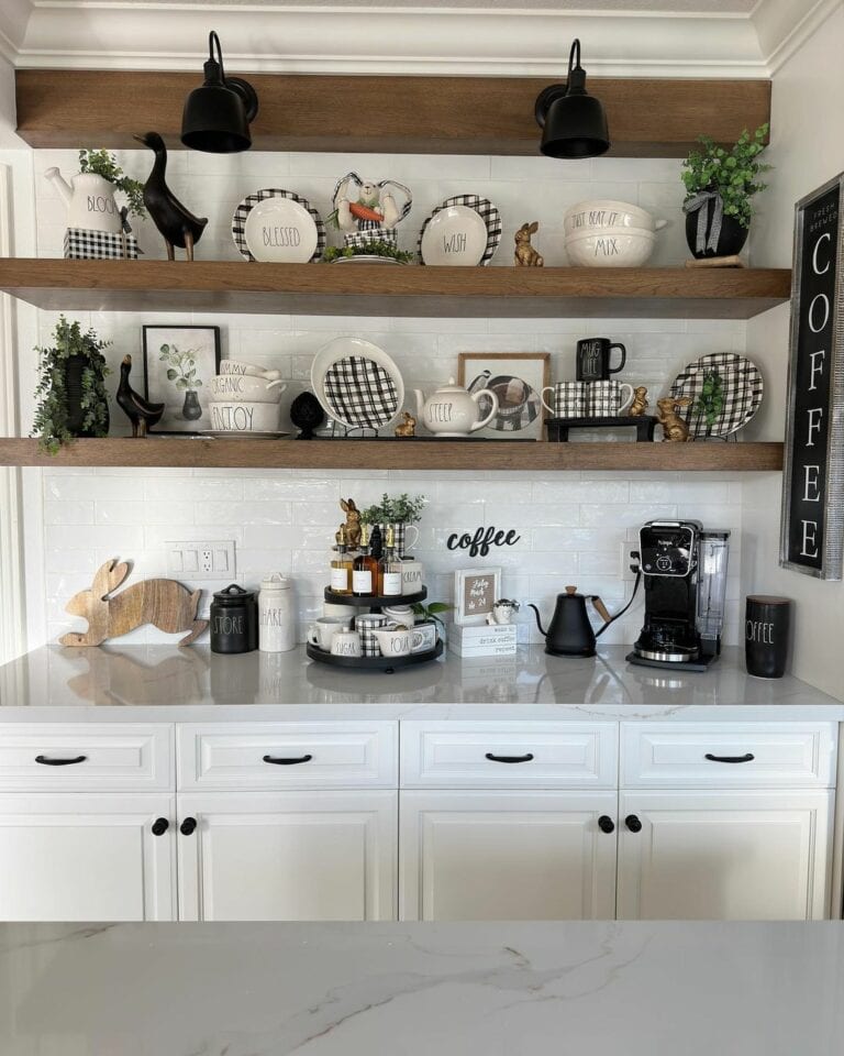 Farmhouse Coffee Bar With Natural Wood Shelving