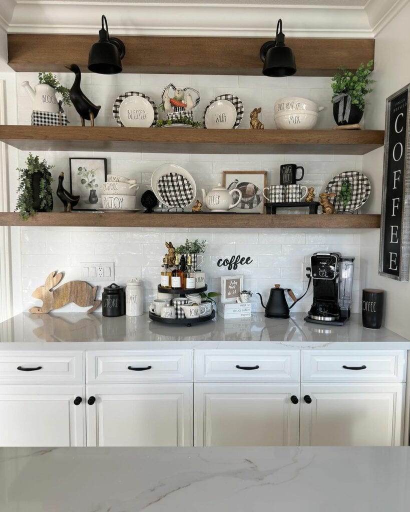 Farmhouse Coffee Bar With Natural Wood Shelving