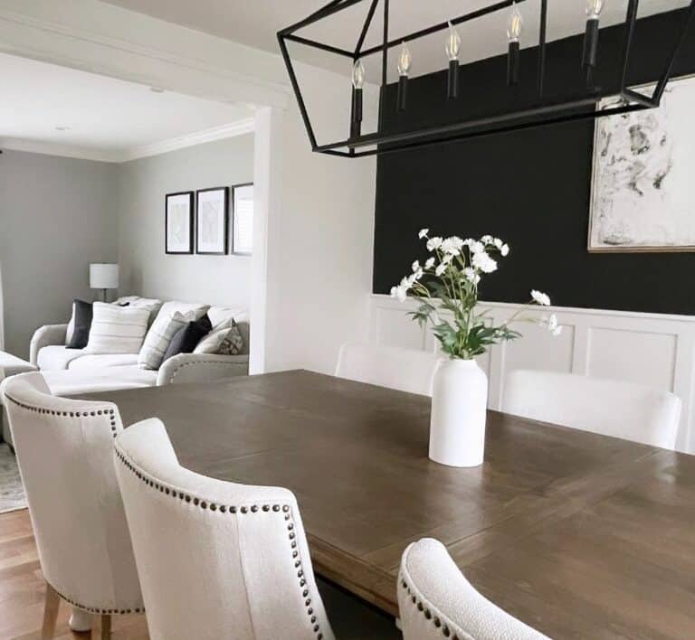Farmhouse Dining Room With Black Accent Wall
