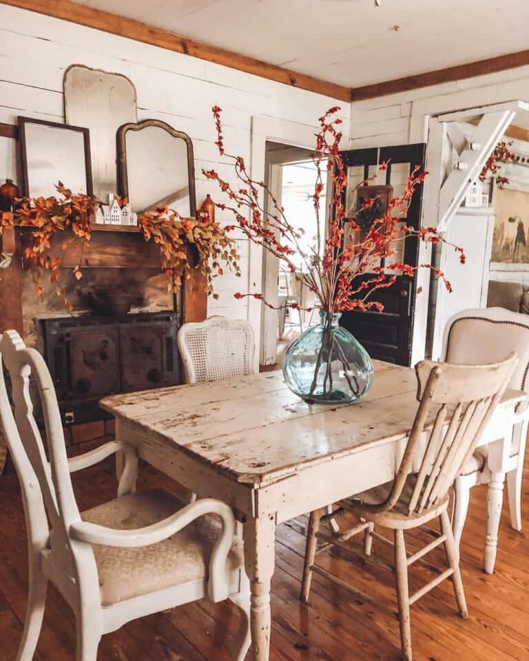 Farmhouse Dining Room With Rustic Table