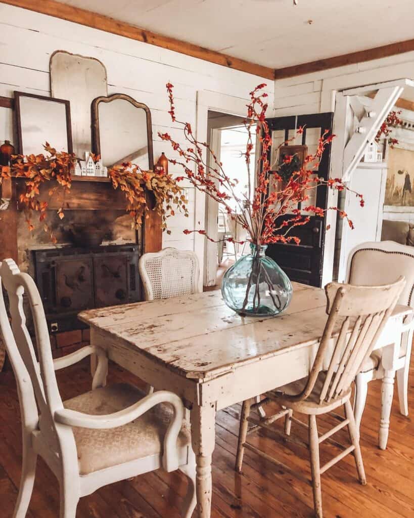 Farmhouse Dining Room With Rustic Table