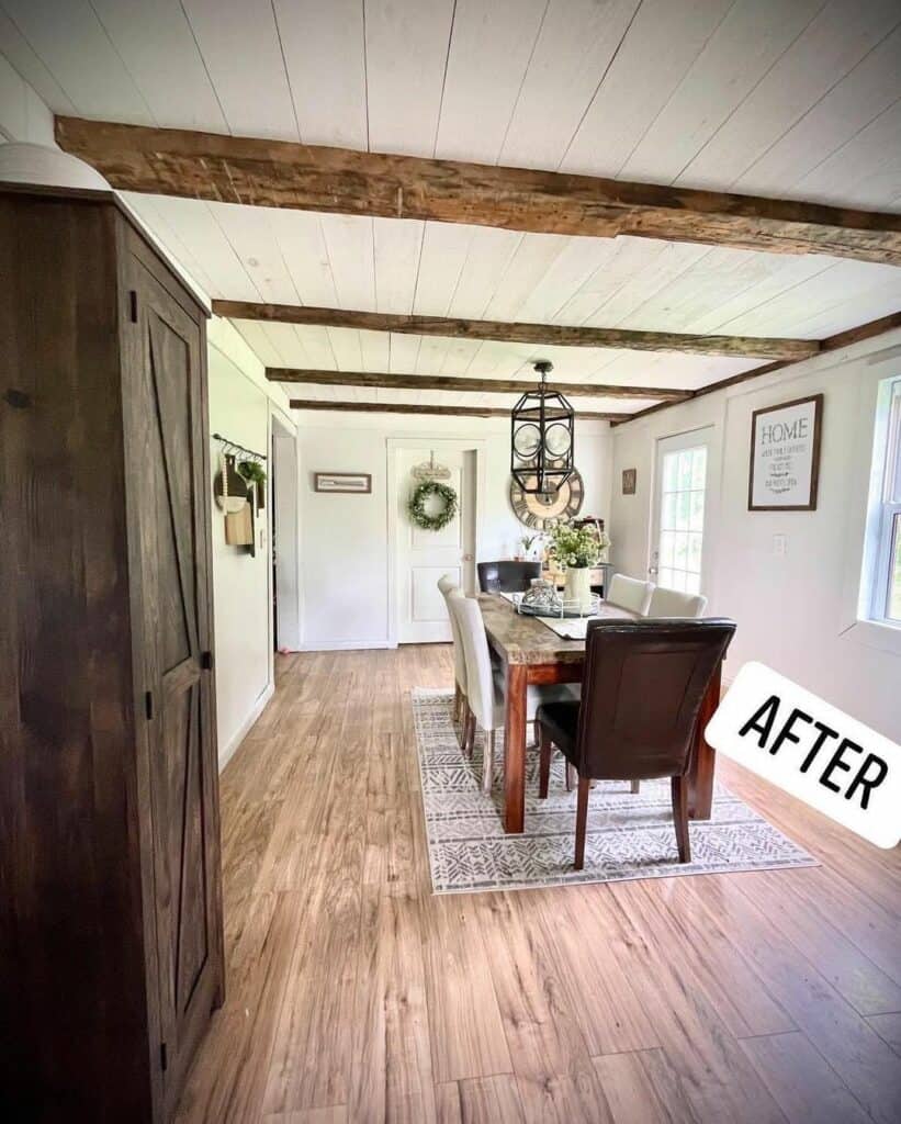 Farmhouse Dining Room With Slanted Ceiling