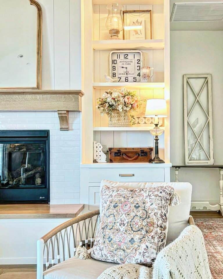 Farmhouse Fireplace With Built-in Shelves