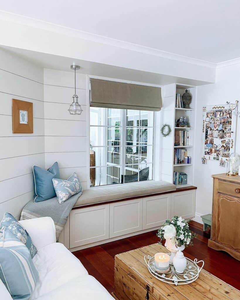 Farmhouse Living Room With Blue Cushions
