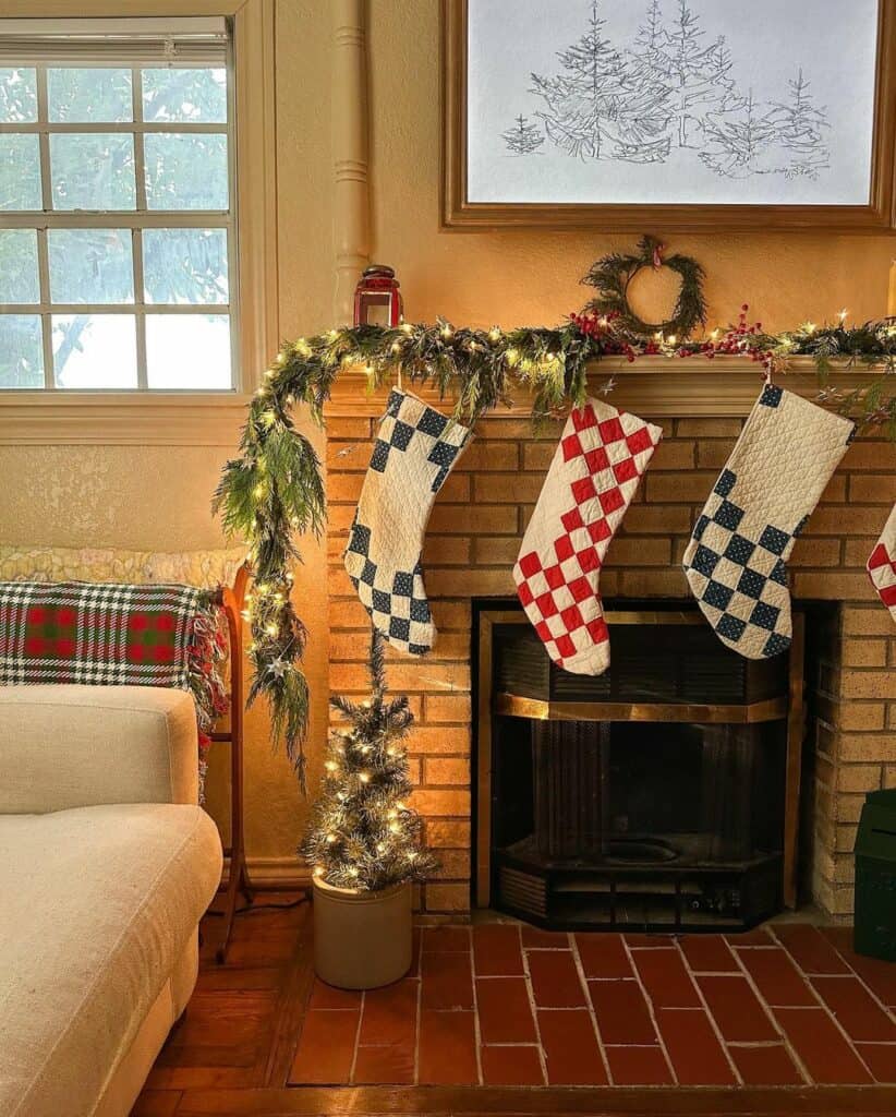 Farmhouse Living Room With Checkered Christmas Stockings