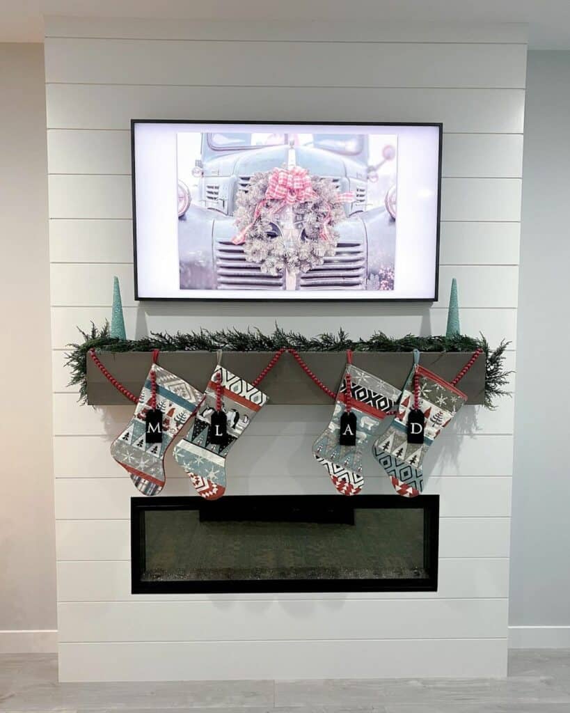 Farmhouse Living Room With Christmas Stockings