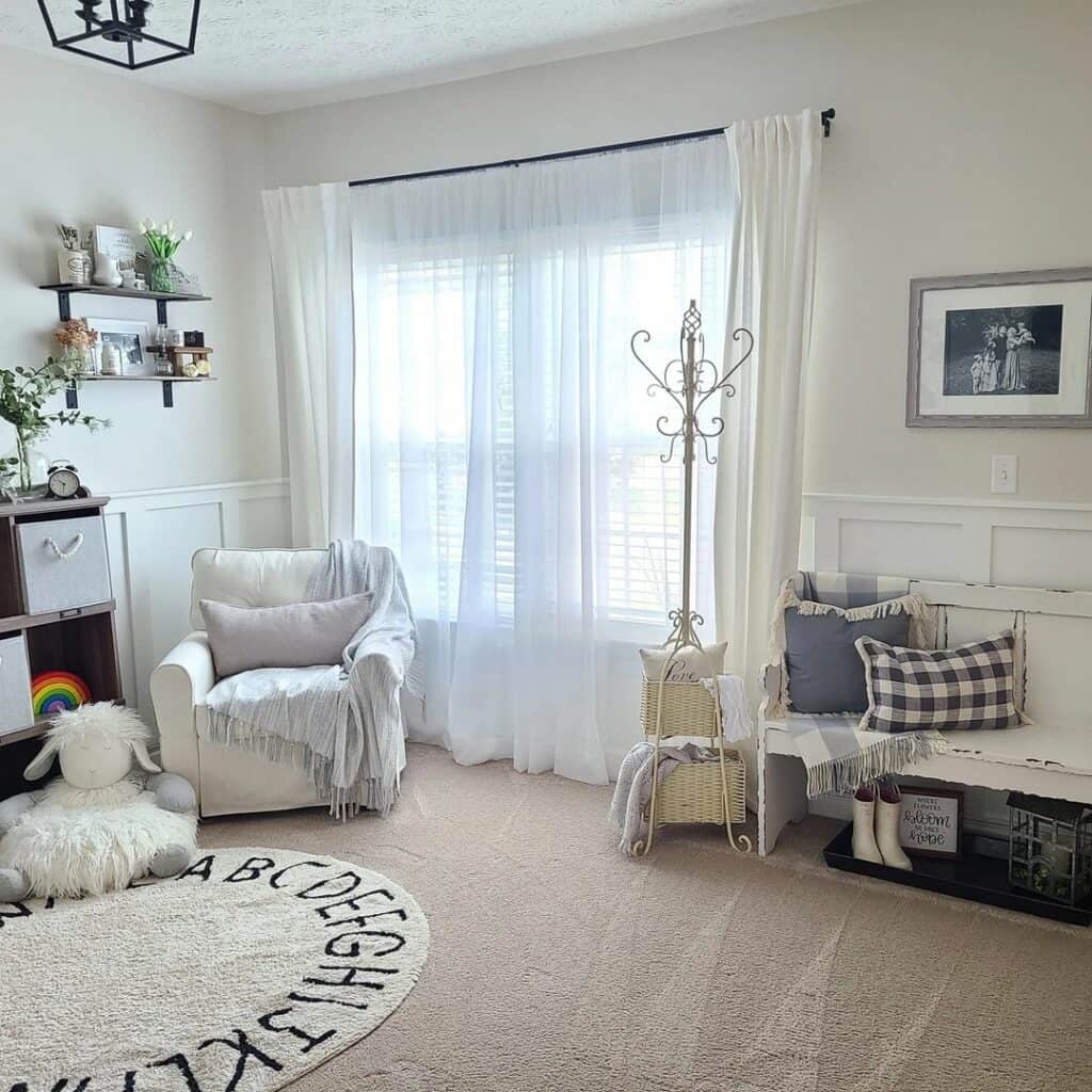 Farmhouse Living Room With Rustic Bench