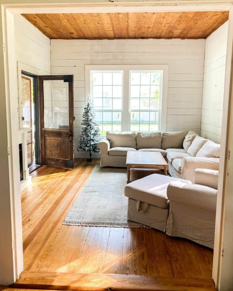Farmhouse Living Room With Shiplap Walls