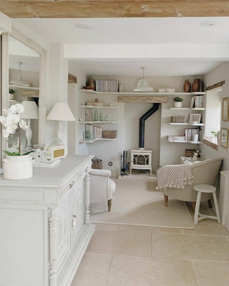 Floating Shelves Decorate a Cottage-style Room