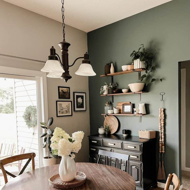 Floating Shelves and Wood Sideboard in Dining Room Corner