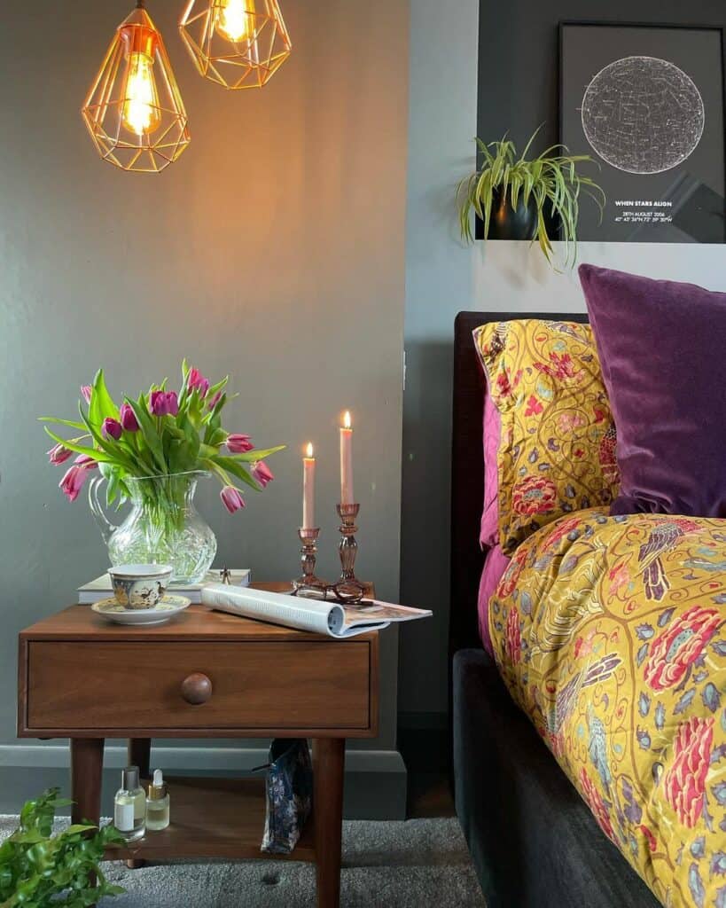 Floral Bedroom With Dark Gray Accent Walls
