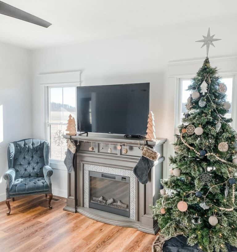 Gray Herringbone Fireplace in Christmas-themed Room