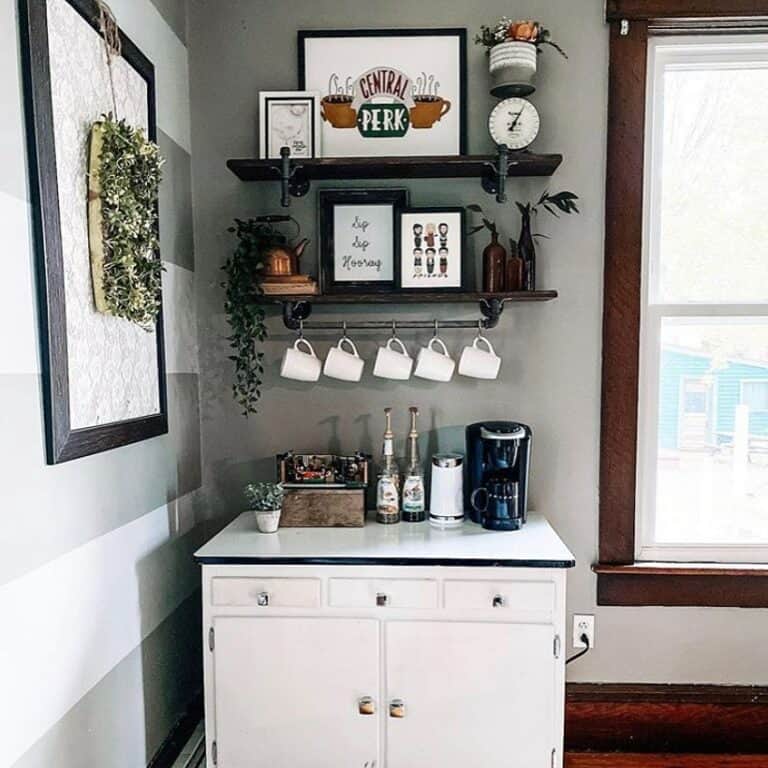 Home Coffee Bar With Dark Shelves