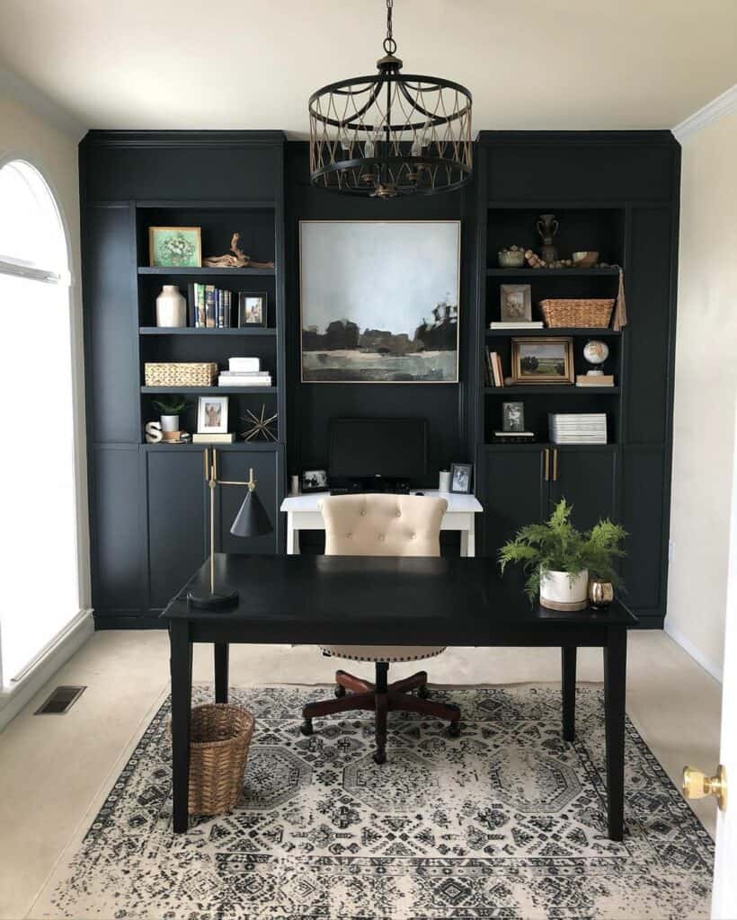 Home Office With Black Built-in Shelves