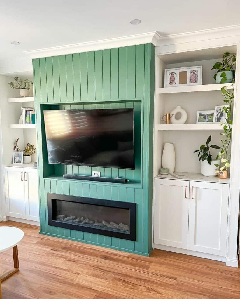Kelly Green Accent Color on Living Room TV Wall