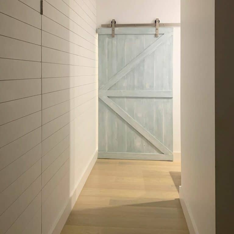 Light Wood Flooring Meets a Soft Blue Door