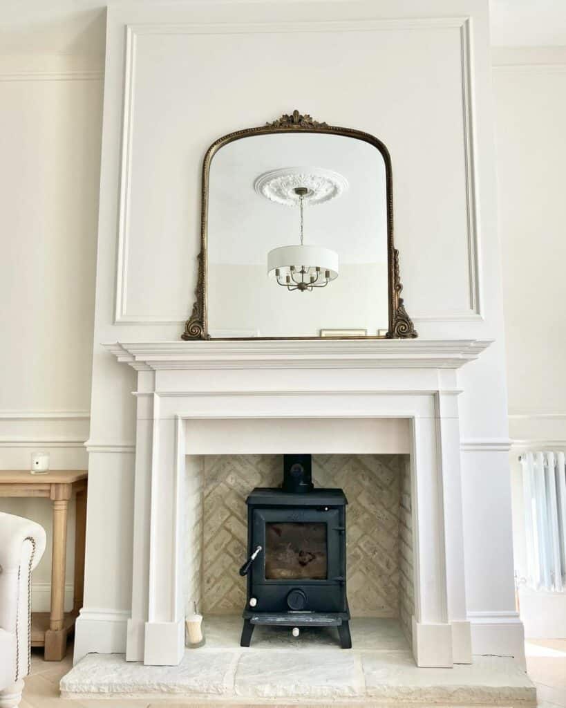 Limestone Fireplace With Wood-burning Stove