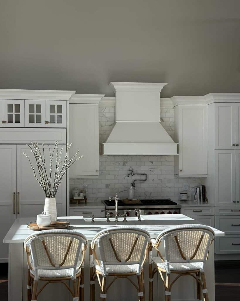 Marble Kitchen Island With Alabaster White Cabinets