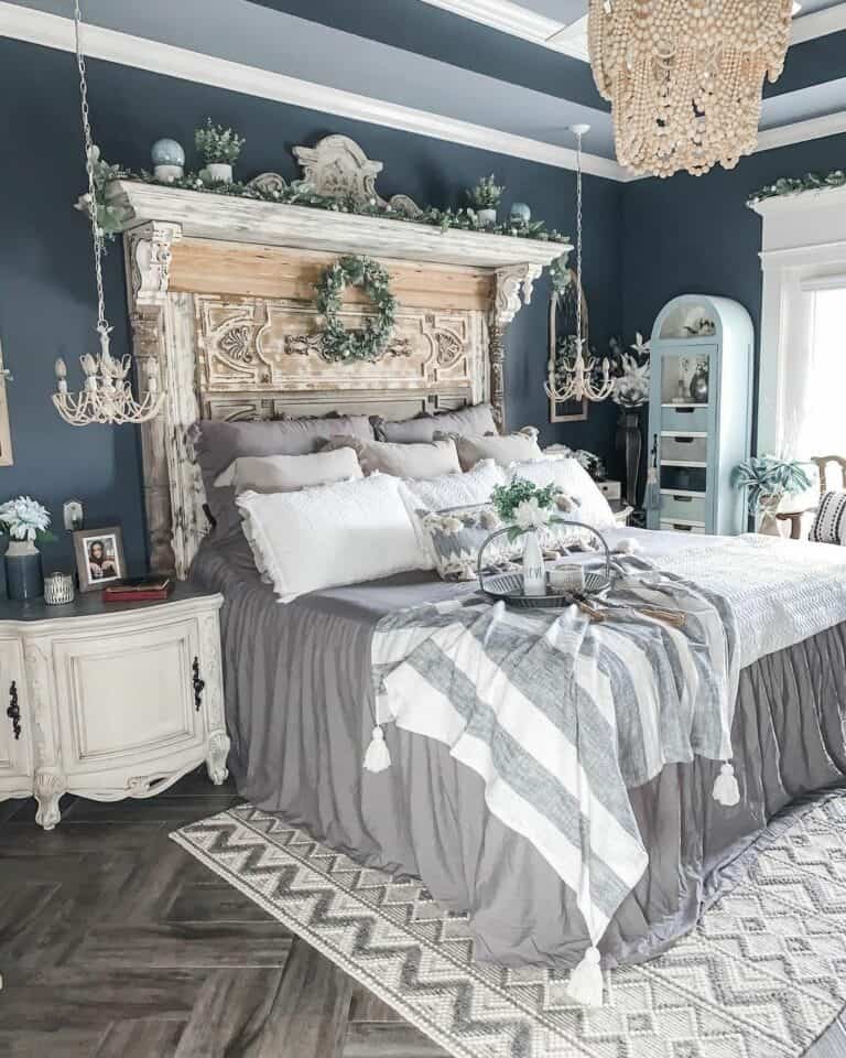 Modern Blue and White Bedroom With Boho Chandelier