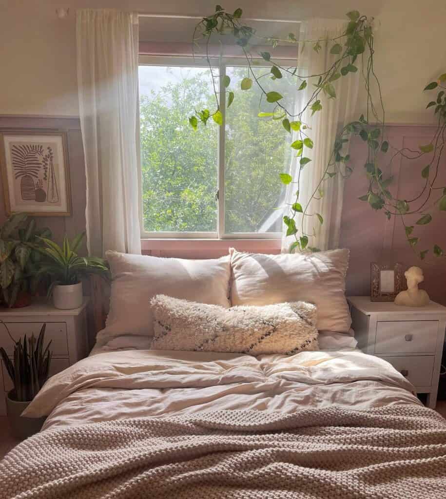 Modern Bohemian Bedroom With Purple Wainscoting