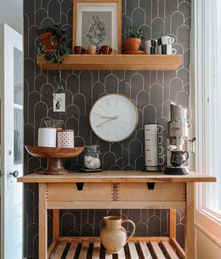 Modern Coffee Bar With Black and White Wallpaper
