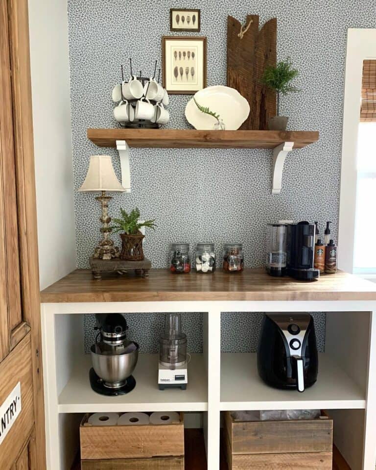 Modern Coffee Bar With Blue and White Wallpaper