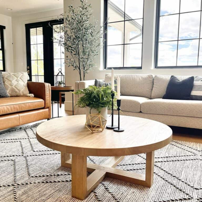 Modern Farmhouse Living Room With Tan Leather Sofa
