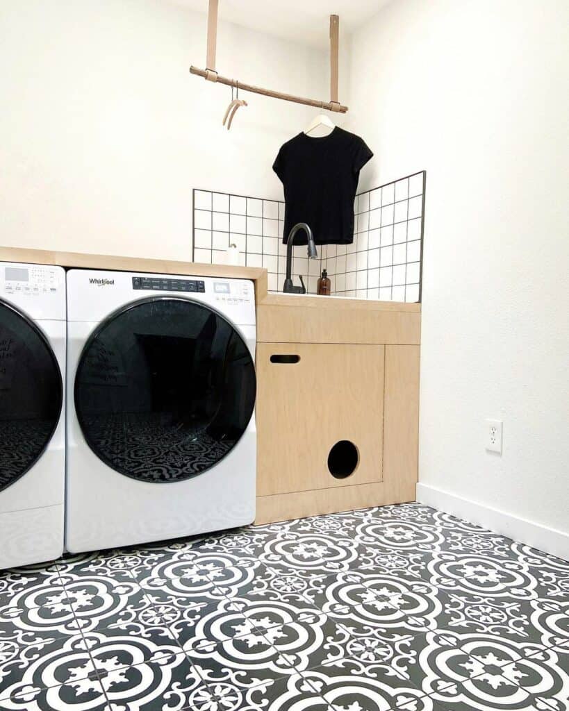 Modern Laundry Room With Patterned Tiles