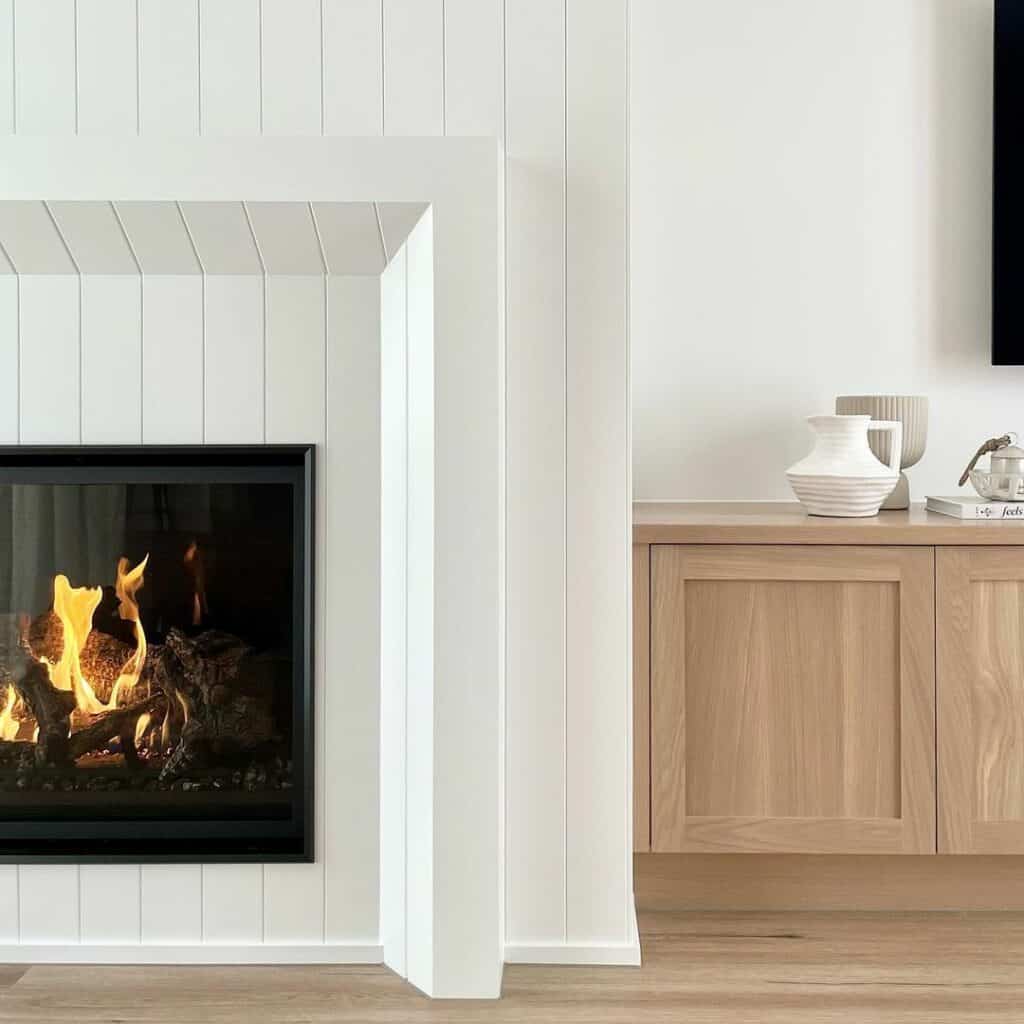 Modern White Vertical Shiplap Fireplace