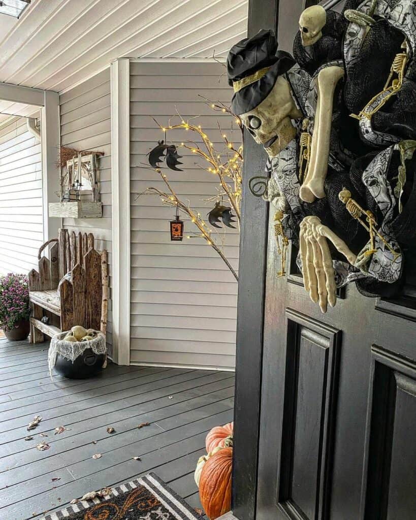 Monochrome Front Porch With Skeleton Wreath